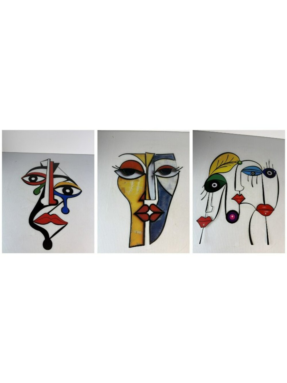 Set of 3 Cubist Face Metal Wall Art Sculptures Colorful Modern Decor NEW